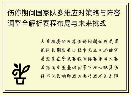 伤停期间国家队多维应对策略与阵容调整全解析赛程布局与未来挑战